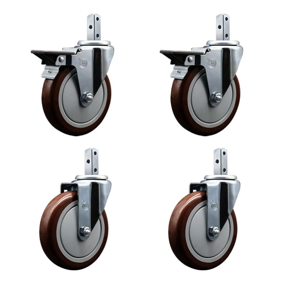 5 Inch Maroon Polyurethane Wheel Swivel 7/8 Inch Square Stem Caster Set 2 Brakes