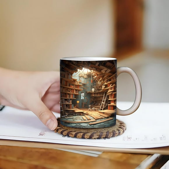 Suncoda Mug, 3 D Creatives Space Bookshelf Ceramic Mugs Study with Coffee Mugs for Book Lovers Gift