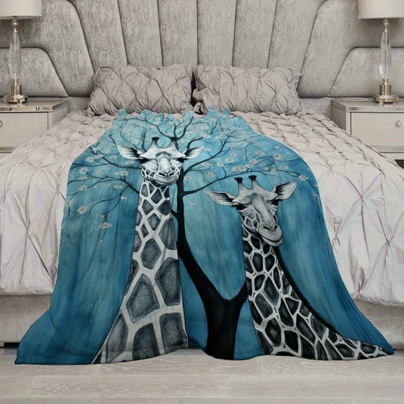 Vintage Giraffe Flannel Throw Blanket - 280GSM Soft Lightweight All-Season, Black & White Textured Animal Print with Blue Tree & Floral Accents, Contemporary Style for Home Decor, Couch, Bed, Office