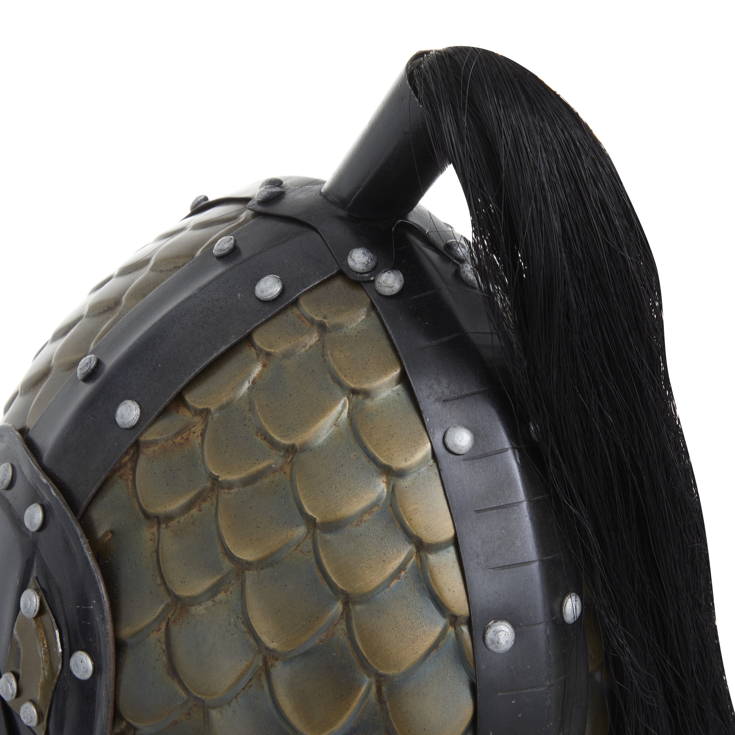18" Gold Metal Replica Medieval Greek Spartan Helmet with Black Wood Stand and Plume, by DecMode