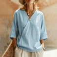 thumbnail image 2 of Women's V-Neck Asymmetrical Linen Blend Blouse - 3/4 Sleeve Casual Button Detail Tunic Top with Loose Fit, Lightweight Solid Boho Shirt for Summer & Vacation Light Blue L, 2 of 5