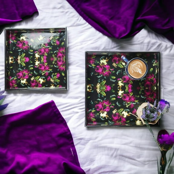 Decorative Wooden Ottoman Tray – Black Floral Serving Tray Set of 2 – Large Square for Coffee Table, Kitchen & Home Décor