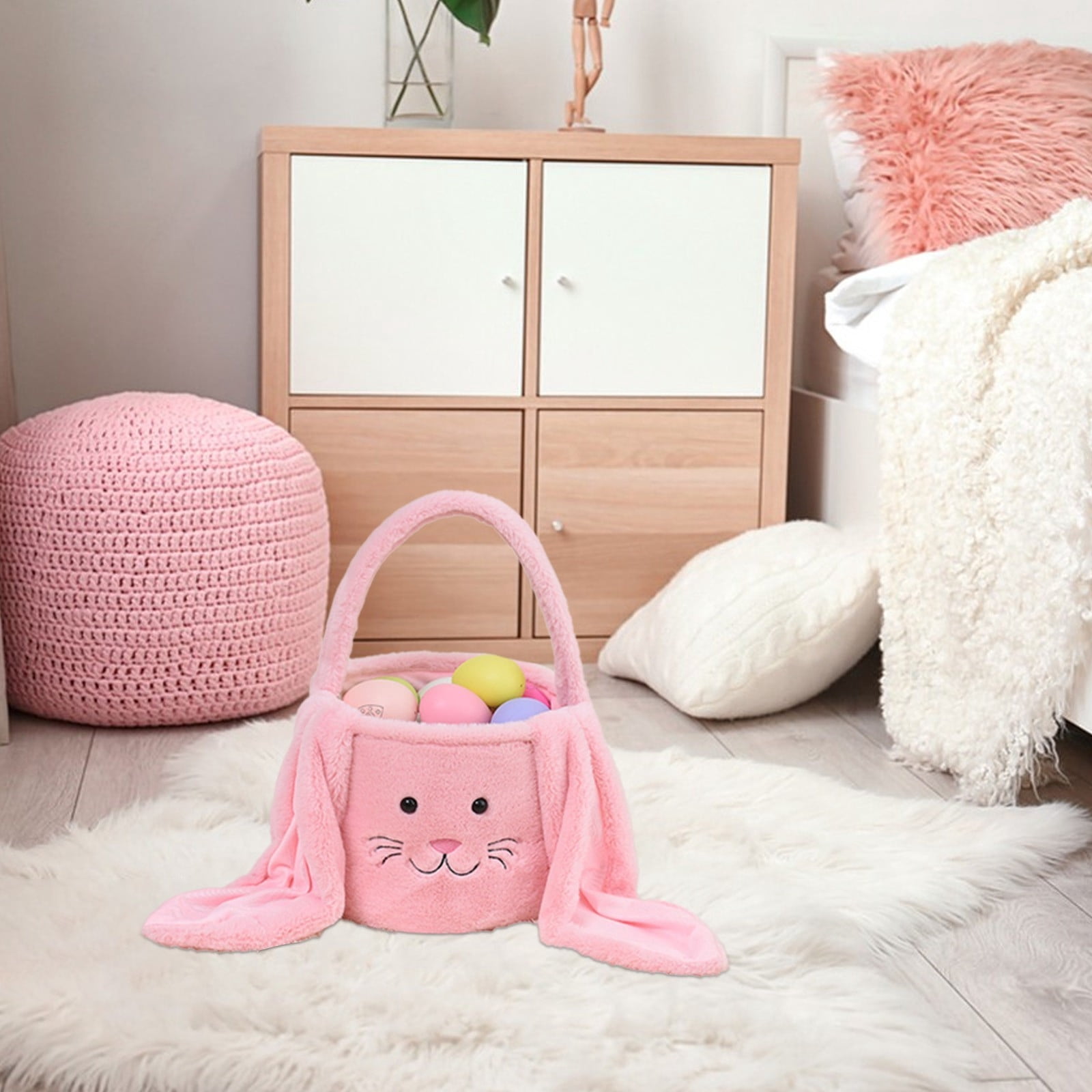 Lunxisen 2 Pcs Easter Basket Bunny Plush Ears Holiday Gift Storage Candy Egg Hunt Decor(23*19cm)