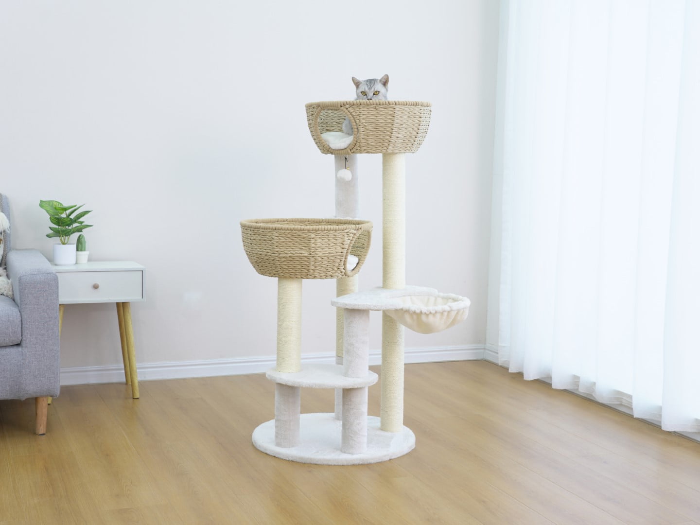Home4Cat 48" Cat Tree with Two Handwoven Basket Bed, Hammock, Sisal Scratching Posts, Beige & Cream