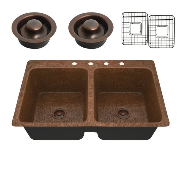 Elen Drop-in Handmade Copper 33 in. 4-Hole 50/50 Double ...