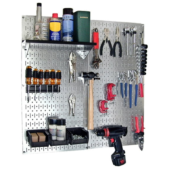 Wall Control Pegboard Utility Tool Storage Kit - Galvanized Steel with Black Hooks and Accessories
