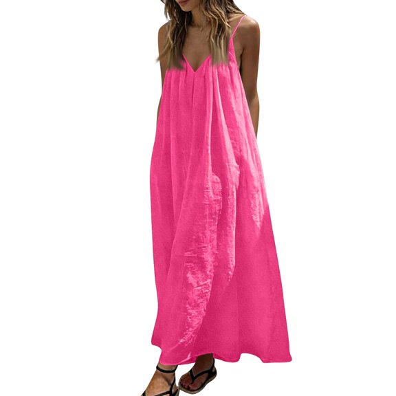 Kixjoy Beach Dresses for Women Fashion Backless Sleeveless Dress Lounge Loose Fit Summer Maxi Strap Dress Soild Vacation Beach Women's Clothing, Hot Pink S