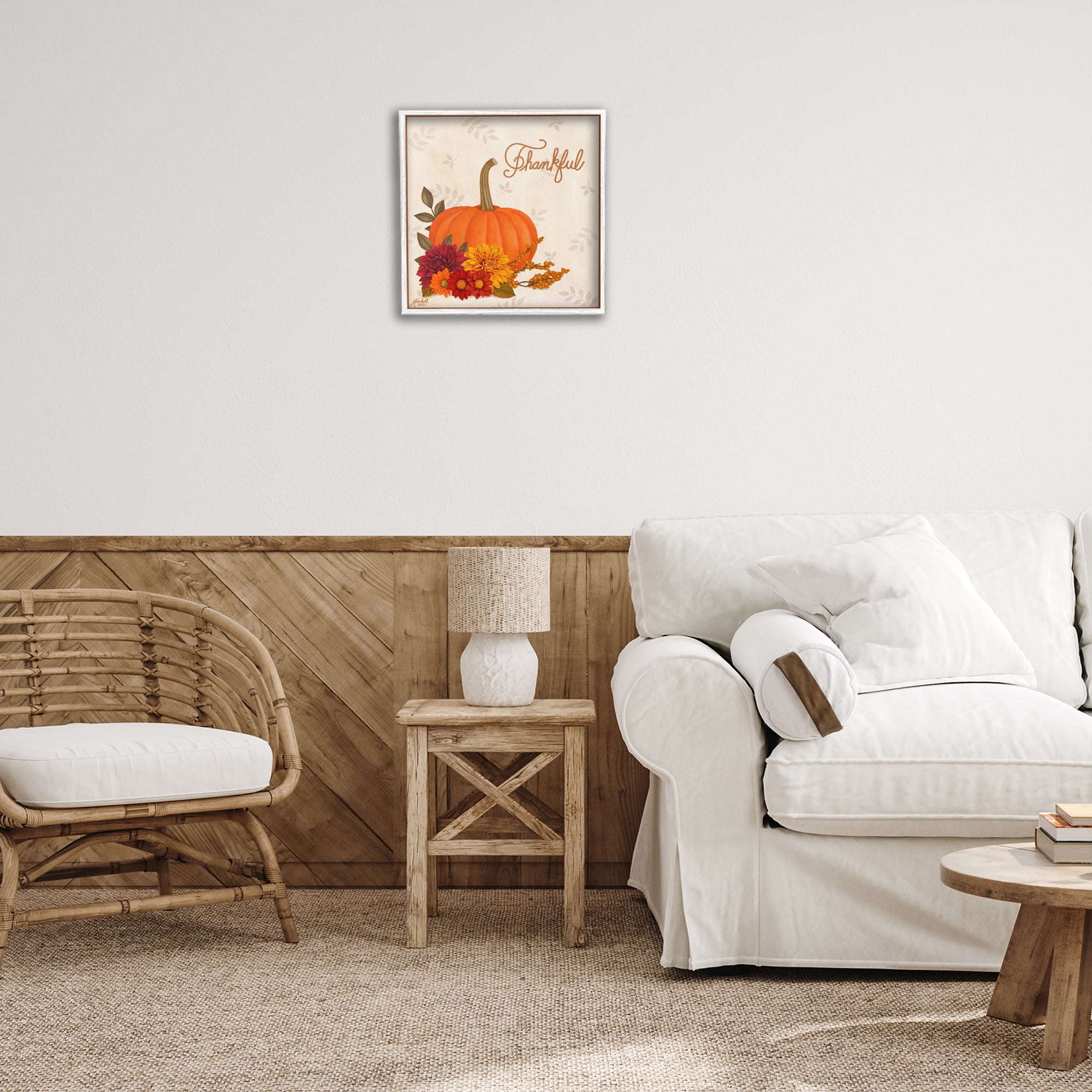 Stupell Industries Thankful Pumpkin & Florals Holiday Painting White Framed Art Prints Wall Art, 17 x 17