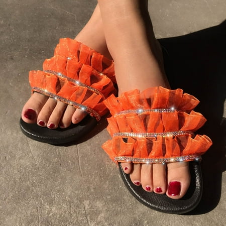 

Fashion Women Ankle Strap Lace Summer Slide Sandals Flats Flip-Flops Shose