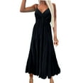 thumbnail image 2 of WIZUTIZ Halter Dresses for Women Leisure Fitted High Waist Smocked Ruffle Hem Adjustable Strap&Belt Solid Shift Dress Sleeveless V-Neck Vacation Dress for Womens Midi Dress Comfy Clubs Dress Black, 2 of 6