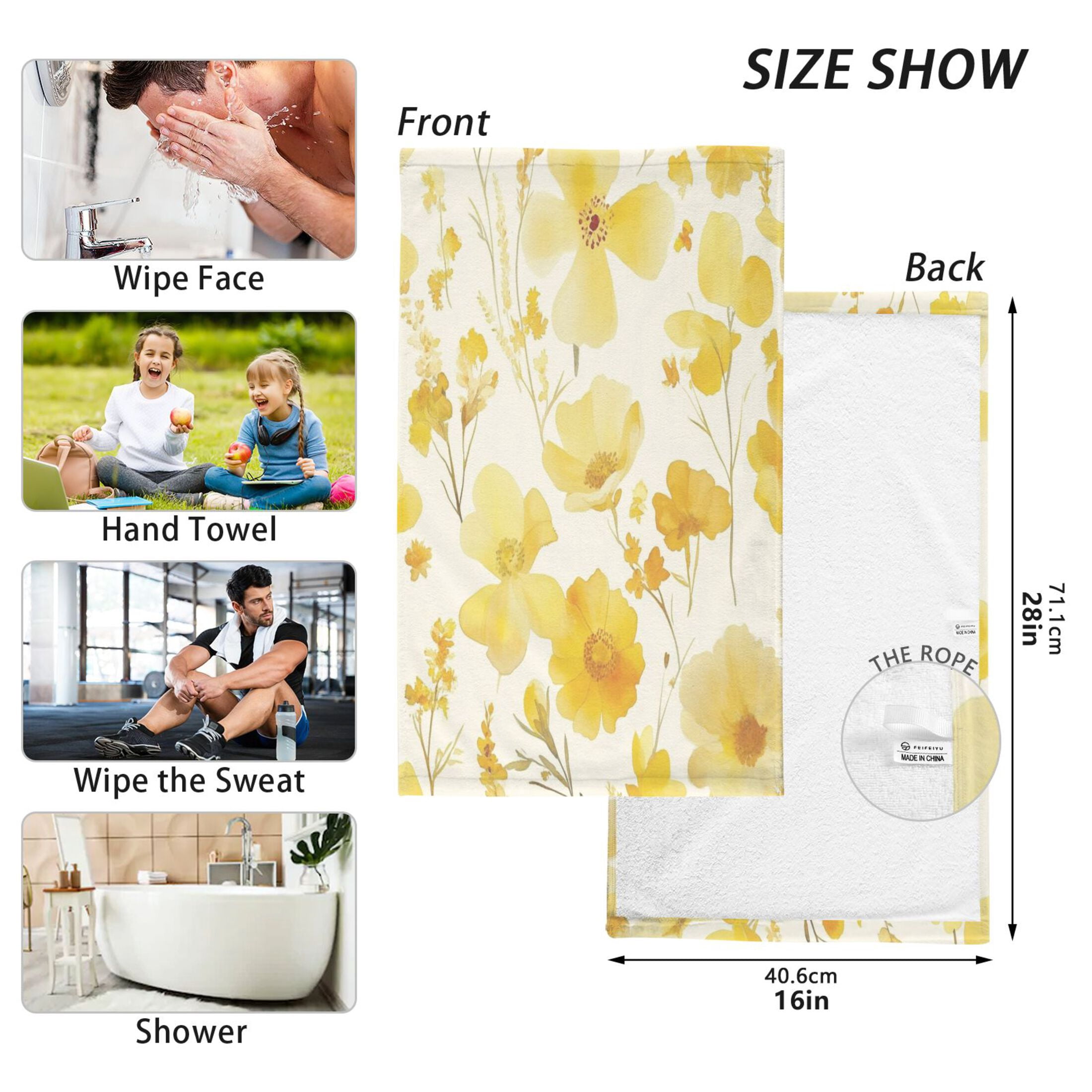 Cotton Towel Two-Piece 16x28 Inch One Sizex2 Face Towel Set Towel Set Cotton Hand Bath Towel Bathroom Beach Yellow Flowers Seamless