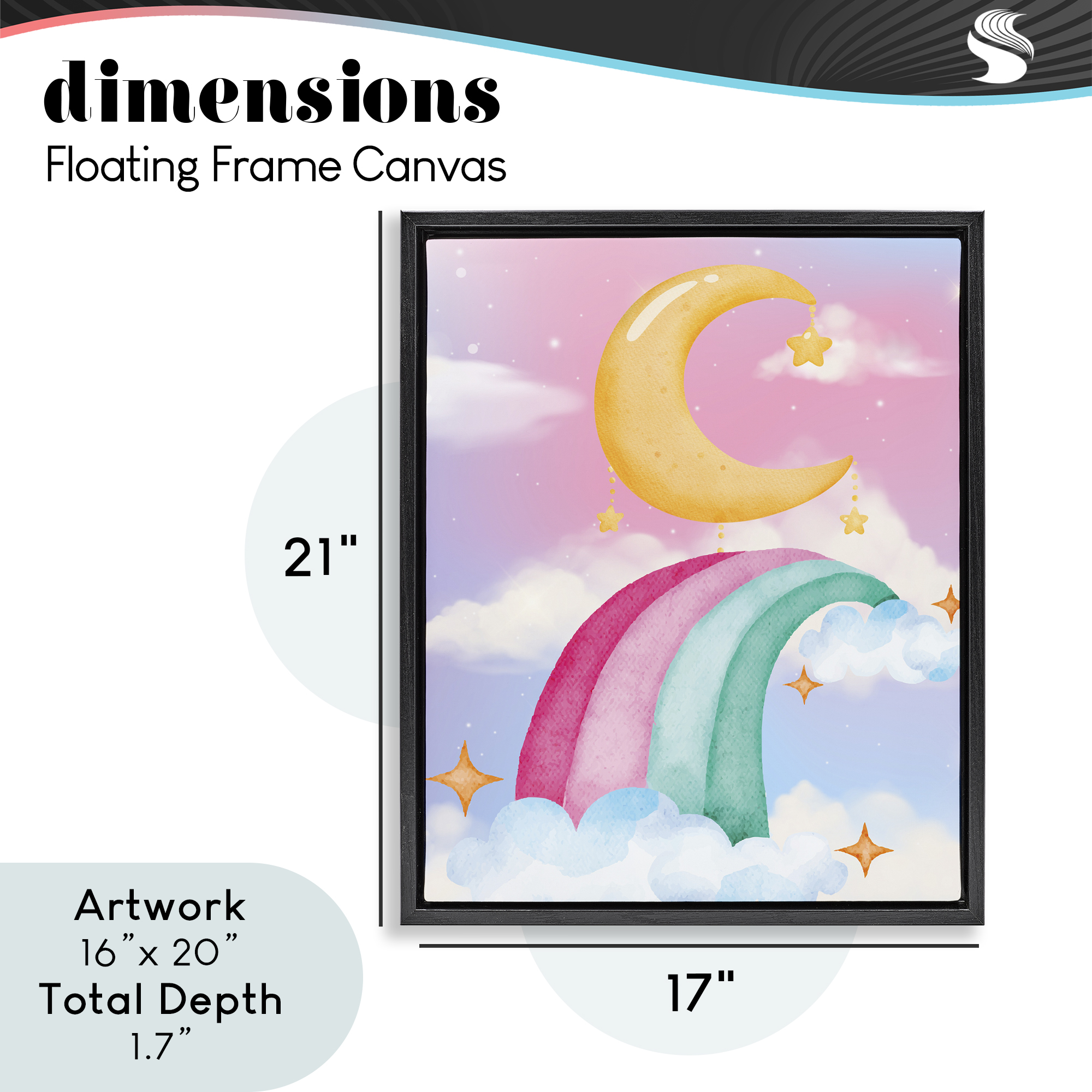Moon Rainbow in Clouds Black Framed Floater Canvas Wall Art, design by Jesse Keith