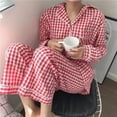 thumbnail image 3 of Conjunto de pijama a cuadros para mujer, ropa de dormir de manga larga, pantalones Piiama, traje coreano de 2 piezas, ropa de noche con botón de bolsillo, ropa de casa, Otoño, nuevo, 3 of 4