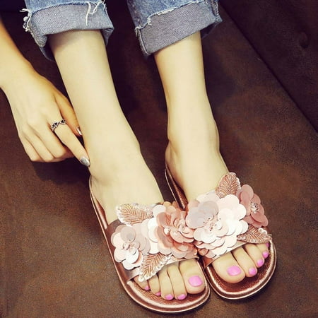 

Women s Summer Fashion Sequined Big Flower Slipper Solid Color Flat Shoes