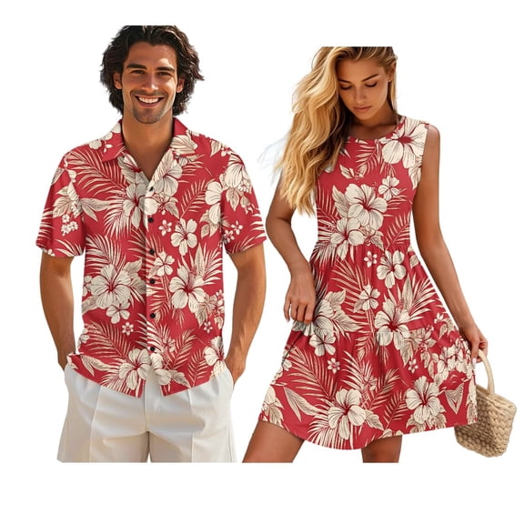 Jeiento Tropical Flower Matching Vacation Outfits for Couples Summer Dress for Women Casual Button Down Shirt Short Sleeve Hawaiian Couples Matching Outfits Tiered Pleated Tank Sundress