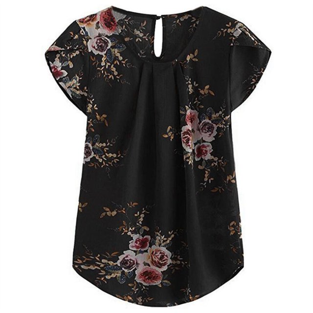 Sonducket Camiseta de mujer Camiseta plisada estampada Top Cuello Blusa de manga corta Prendas para la parte del cuerpo Negro METRO Sonducket AP003086-02
