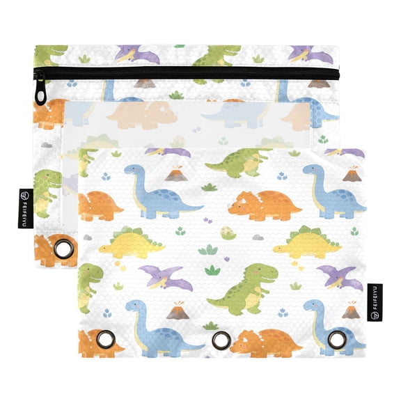 2 Pack 3 Ring Binder Pouch with Clear PVC Window Water Resistant Zipper Pencil Pouch Adorable Dinosaur Nursery Binder Pocket for Classroom Office Home Stationery Organization