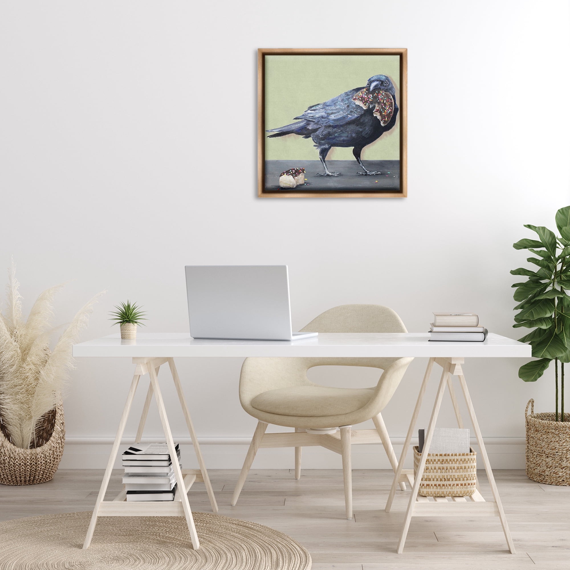 Stupell Industries Crow Eating Donut Food & Beverage Painting Brown Floater Framed Canvas Art Print Wall Art, 25 x 25