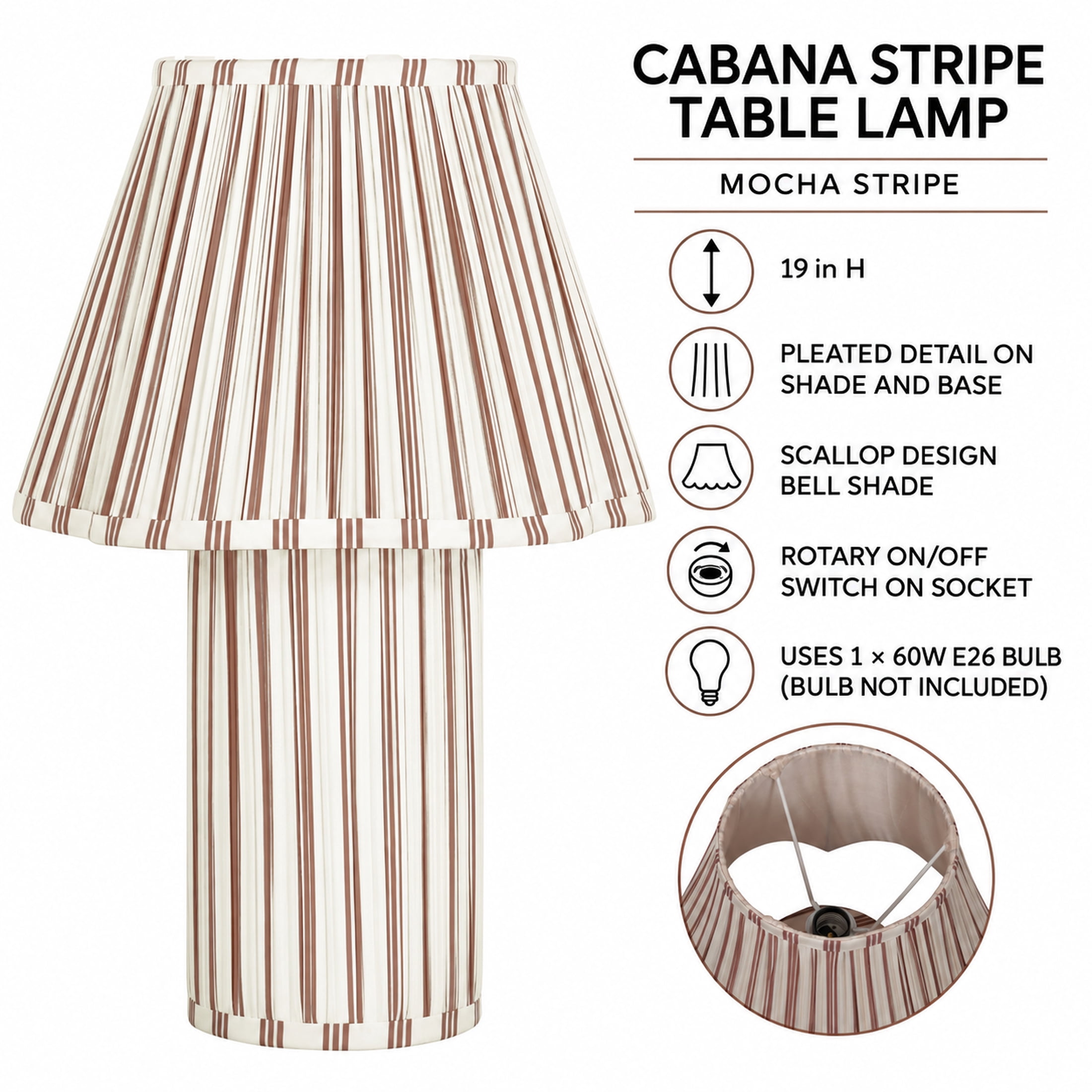 Beautiful 19 in Cabana Stripe Fabric Table Lamp with Scalloped Shade, Brown and Arctic White