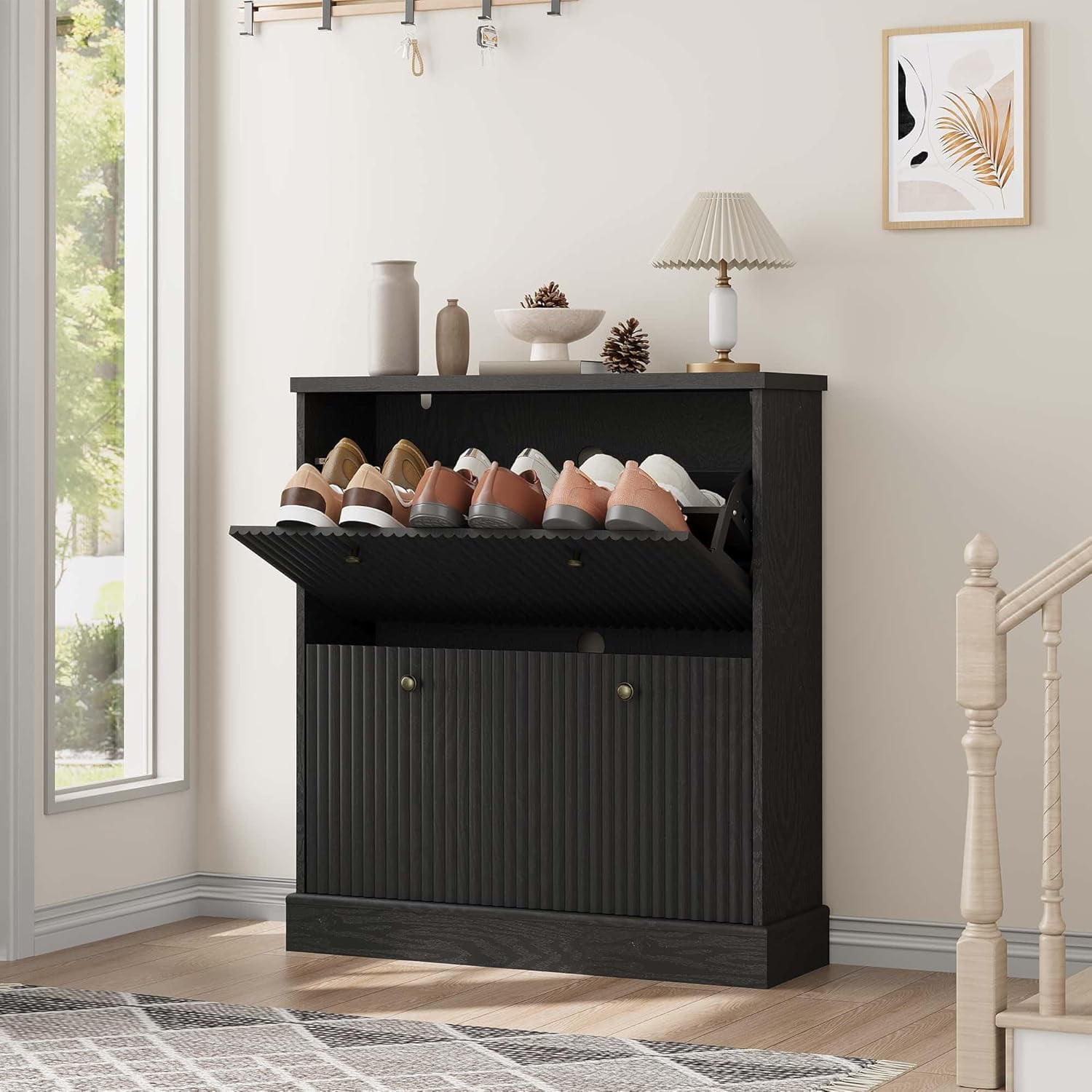 Black Wooden Fluted Shoe Cabinet with 2 Flip Drawers, Adjustable Shelf, Freestanding Shoe Organizer for Entryway, Hallway, Living Room