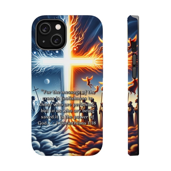 DistinctInk Tough Case for Apple iPhone 15 PLUS (6.7" Screen), Compatible with MagSafe Charging - "The Power of God in the Foolishness of the Cross - 1 Corinthians 1:18"