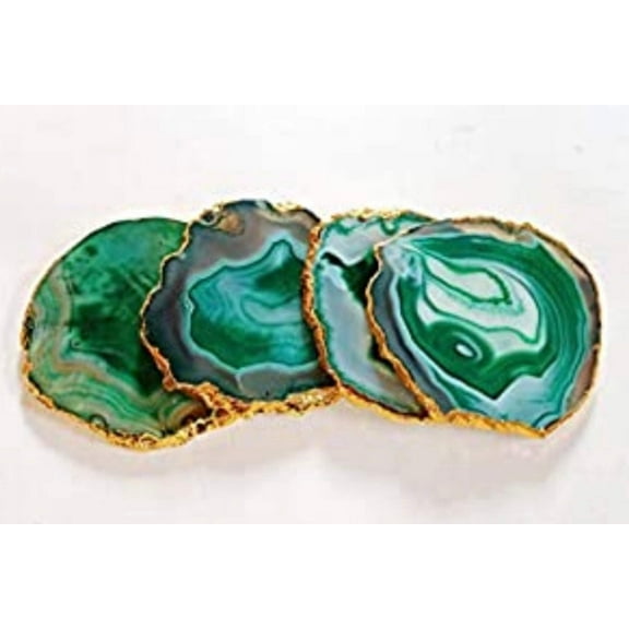 Set of Two Green Agate, Gold Rimmed Coasters