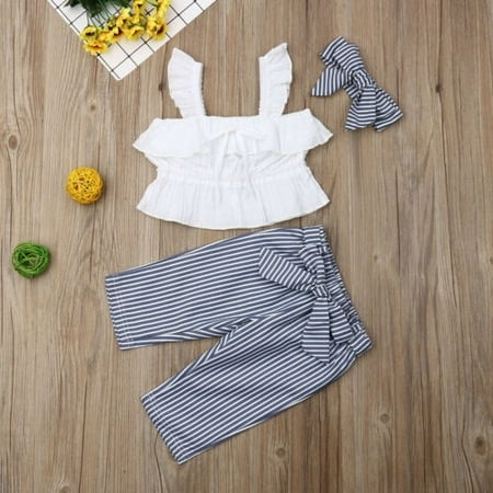 

Toddler Kids Baby Girls Vest Tops+Stripe Bow Pants Casual Clothes Outfit Set