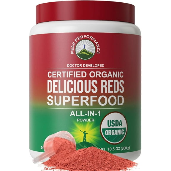 Peak Performance Organic Reds Superfood Powder, Red Juice Super Food w/ 25  All Natural Ingredients & Polyphenols, Vital for Max Energy and Detox. 30 Servings