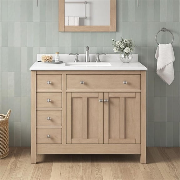 Pemberly Row 42" Bathroom Vanity in Sahara Birch with White Countertop