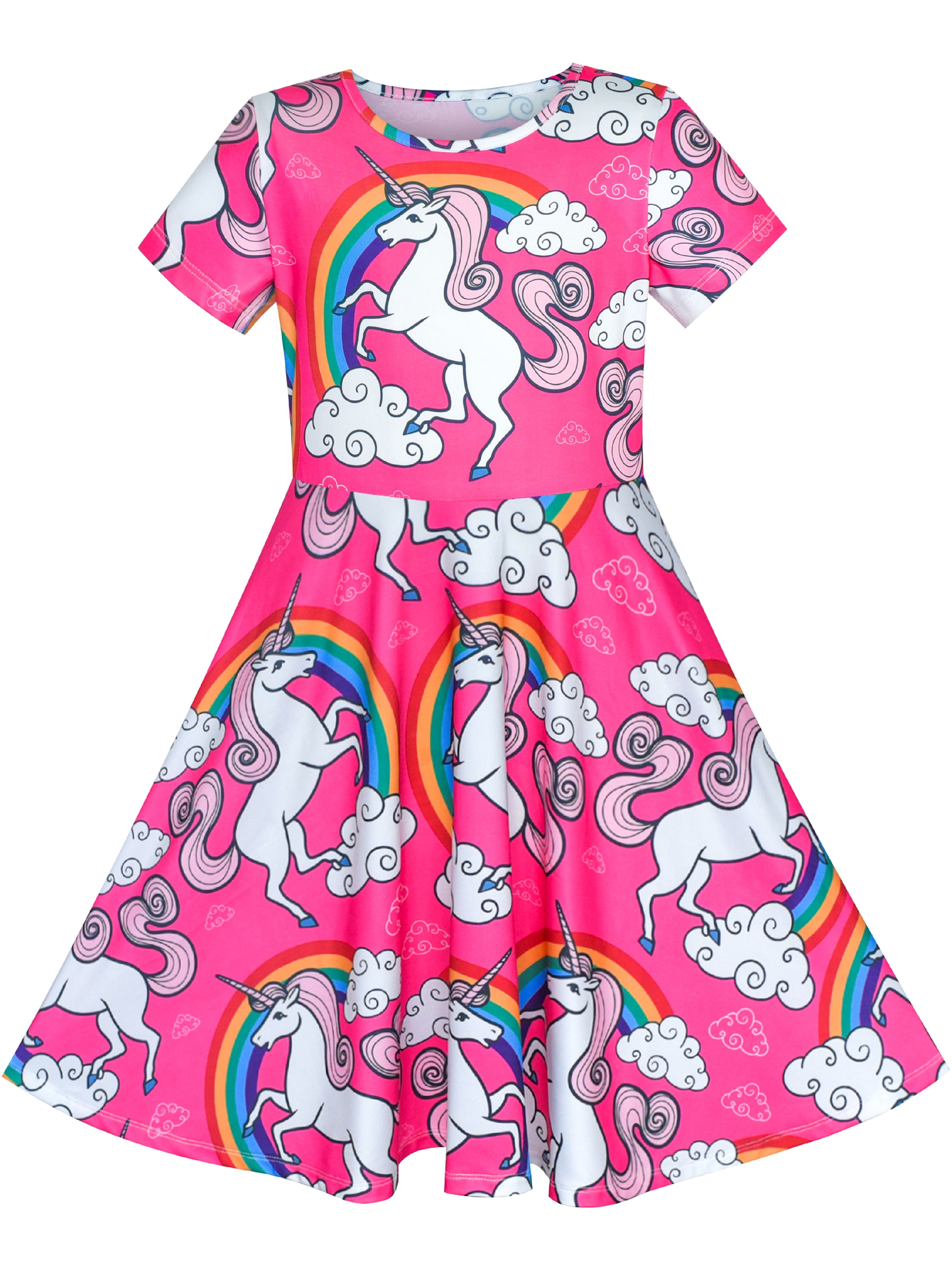 Sunny Fashion - Girls Dress Unicorn Rainbow Short Sleeve Casual Dress 7 ...