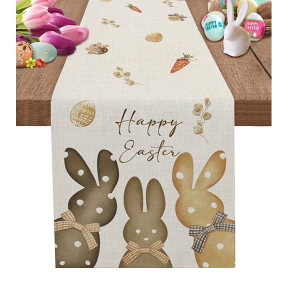 Table Runner 72 Inches Long for Kitchen Dining, Happy Easter Dresser Scarf Farmhouse, Dining Table Decorations for Wedding/Parties, Polka Dot Bunny Spring Beige Burlap 18 x 72 In