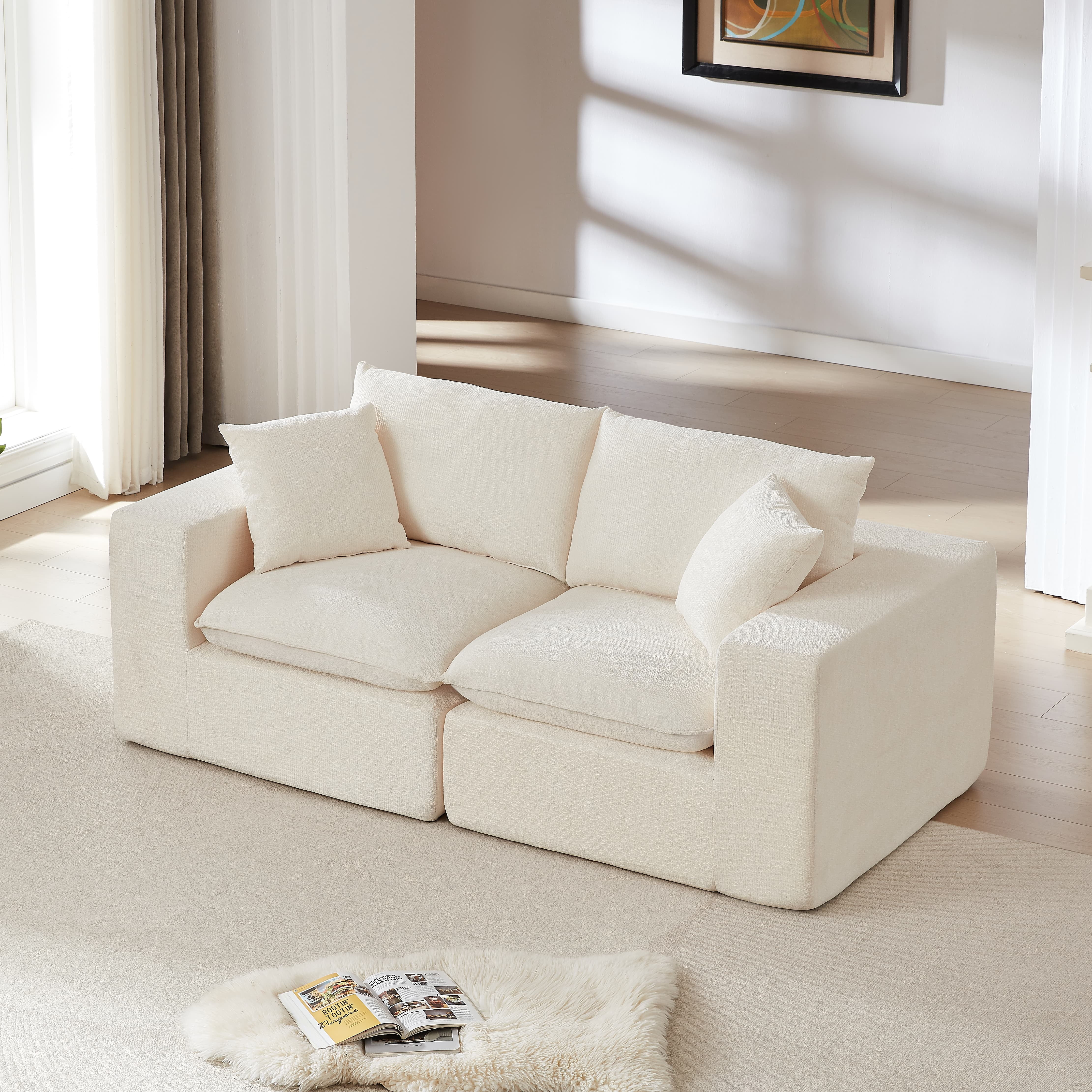 MAYEERTY Modern Modular Chenille Loveseat, White Cloud-Soft Sectional Couch for Living Room