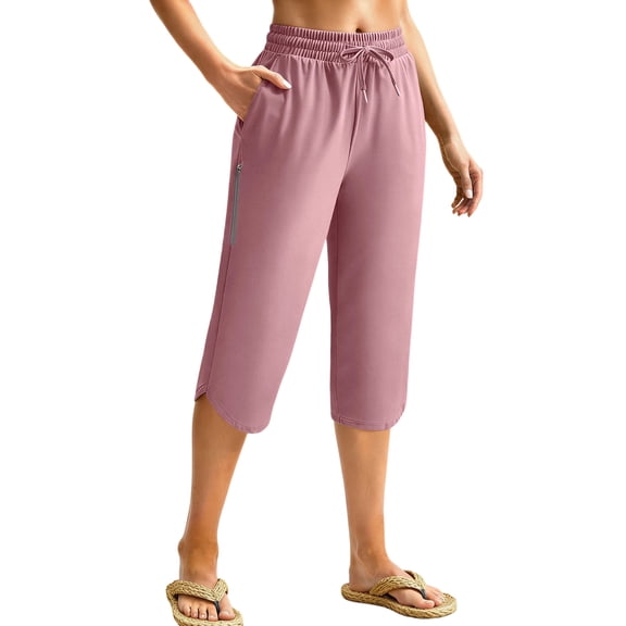 hoksml High Waist Knee Length Pants for Women, Stretchy Drawstring Workout Capris with Zipper Pockets
