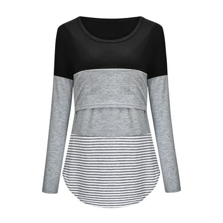 

Womens Maternity Long Sleeve Striped Print Tops T-shirt For Breastfeeding