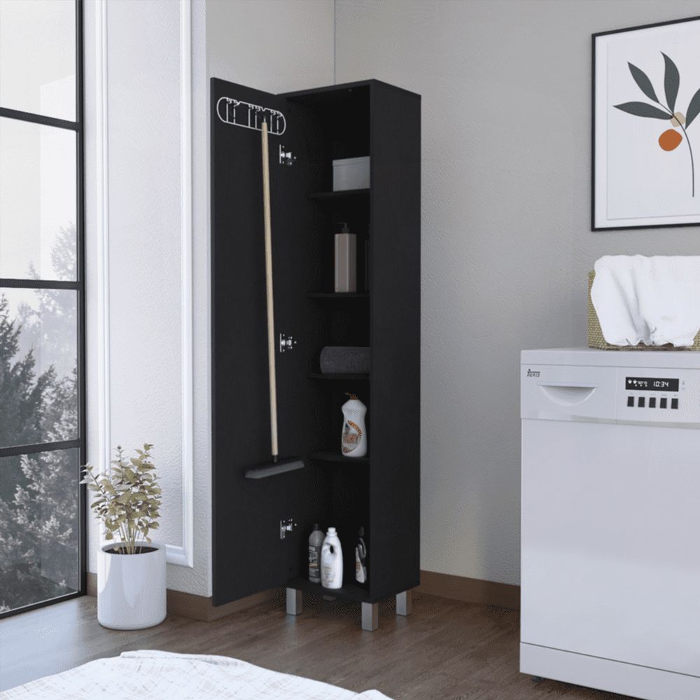Black Single-Door Storage Cabinet with 5 Shelves – Ideal for Garage & Home Organization