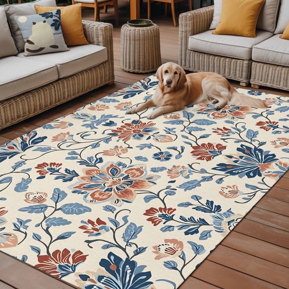 Outdoor Rug for Patio 4'x6',Boho Abstract Flower Botanical Non-Slip Area Rugs Washable Carpet Indoor Rug,Retro Ombre Blue Floral Non-shedding Floor Mats for Porch Living Room Deck