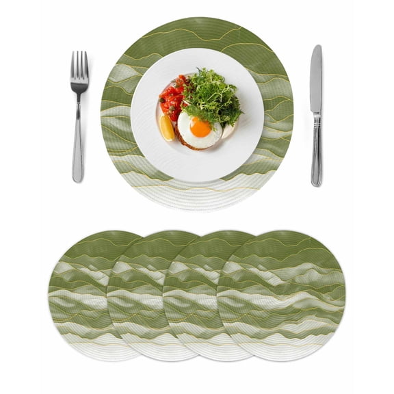 Sage Green Ombre Round 15 Inch Placemats Set of 4, Modern Moire Abstract Art Luxury HeatResistant Non Slip Place Mats for Dining Table, Wipeable Braided Kitchen Table Mats for Housewarming