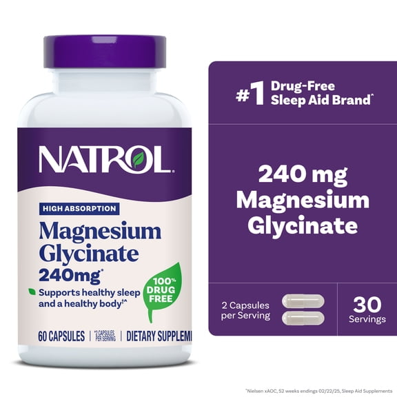 Natrol Magnesium Glycinate 240 mg, High Absorption Magnesium Supplement for Healthy Sleep and Body, 60 Capsules, Up to a 30 Day Supply
