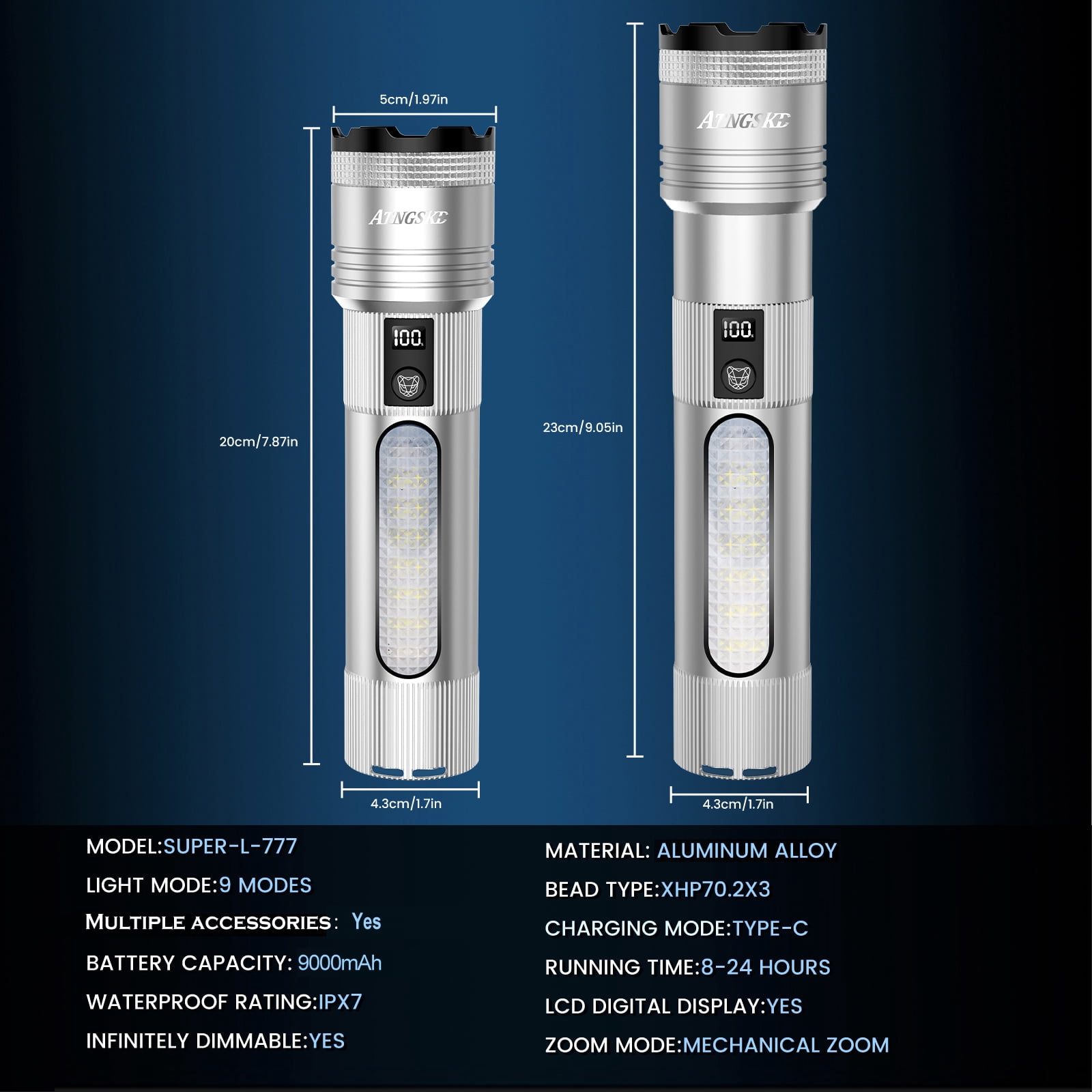 Rechargeable LED Flashlight,250,000 High Lumens, USB-C Fast Charging, 9 Light Modes, Zoomable Waterproof Flashlight for Camping, Hiking, Emergency Use