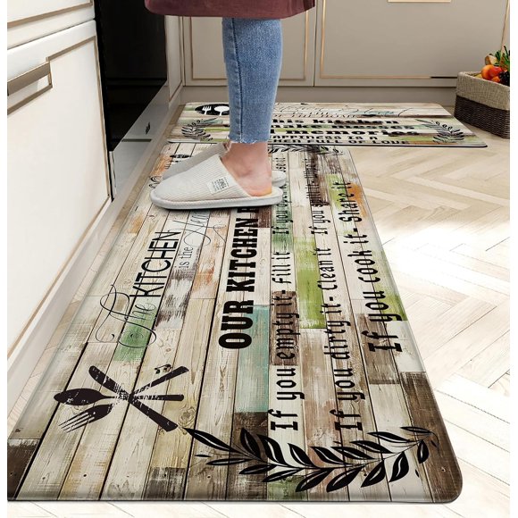 Kitchen Mats for Floor Anti Fatigue Mats for Kitchen Floor Kitchen Rugs Farmhouse Style Memory Foam Kitchen Mat Cushioned PVC Leather Kitchen Rug Set, 17.3x28+17.3x47 inchs