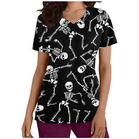 

qucoqpe Womens Halloween Scrubs Plus Size Tops Women s Short Sleeve V-neck Tops Uniform Independence Day Printed Pockets Blouse Nursing Nurse Shirts Halloween Costume