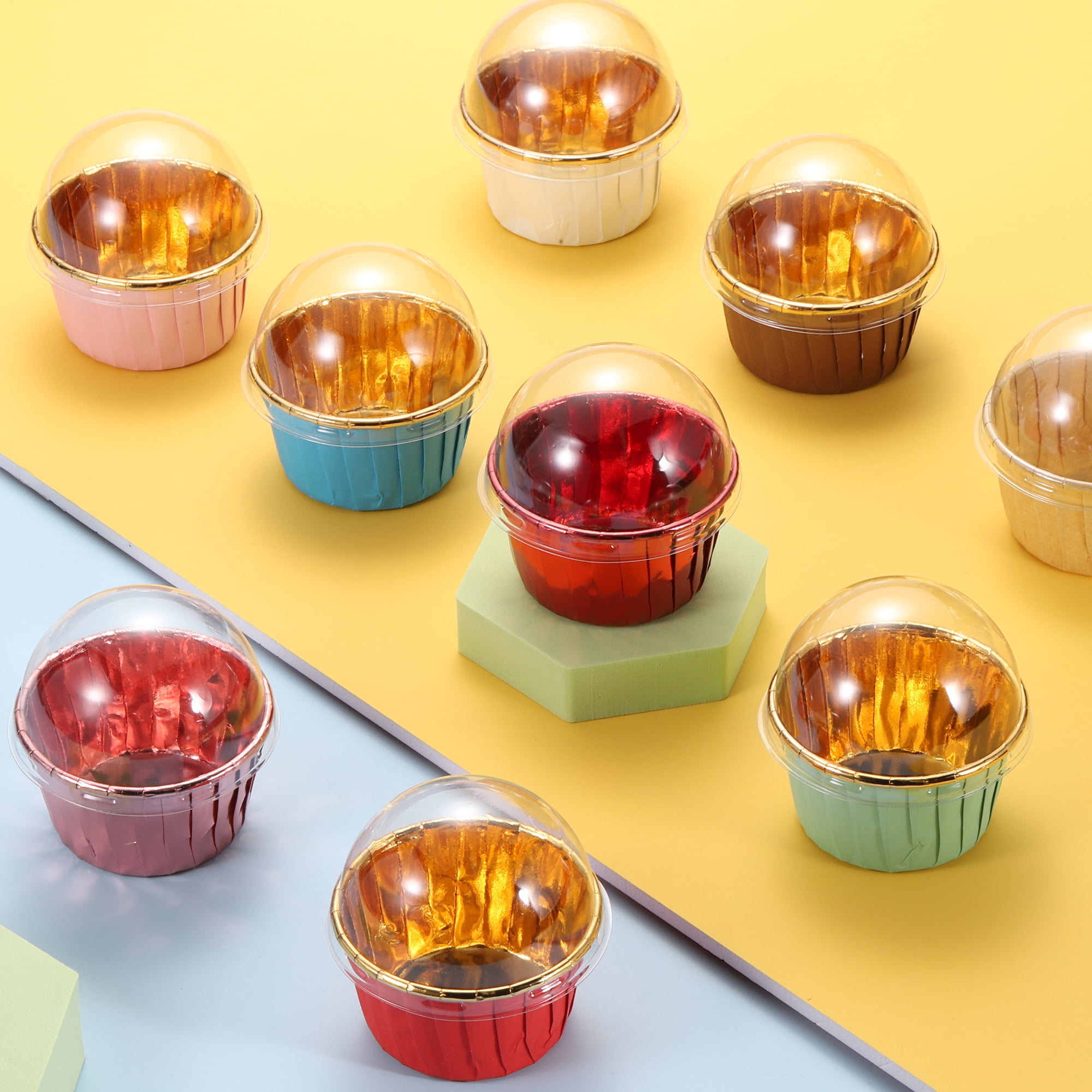 Unique Bargains 50Pcs Double-sided Aluminum Foil Cupcake Liners with Lids Gold 2.76"