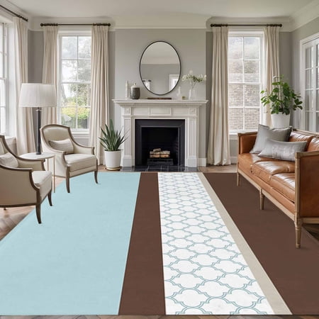 Blue Brown Morocco Area Rug 6x9 FT, Non Slip Living Room Throw Carpet, Geometric Stripes Aqua Stitching Washable Soft Large Floor Carpet Non-Shedding Rug for Bedroom Dining Room Play Room