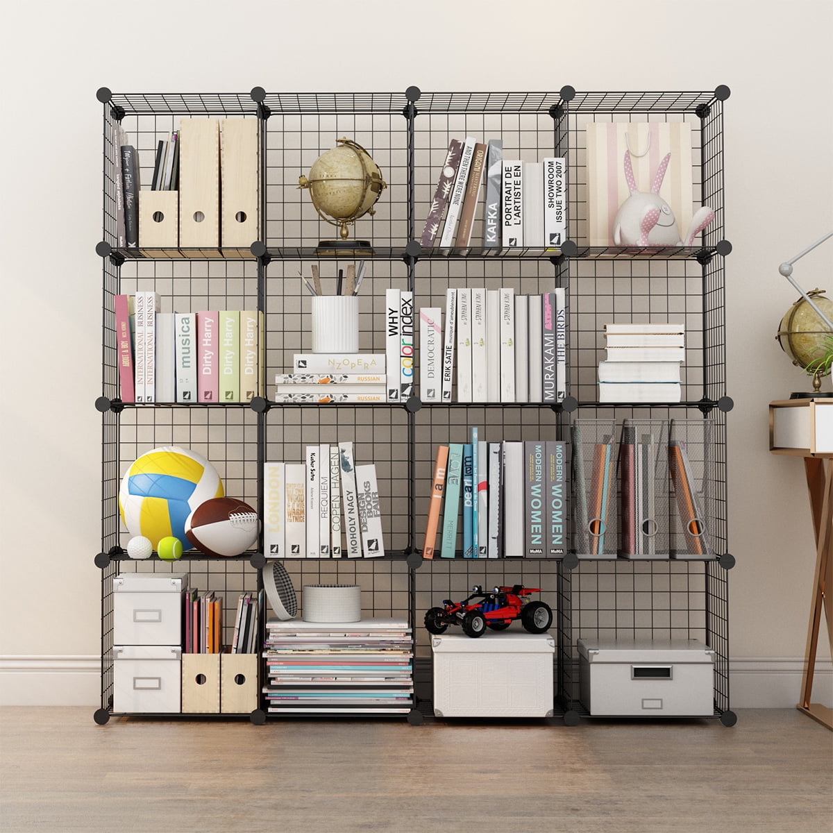 16Cube DIY Wire Grid Bookcase, MultiUse Modular Storage Shelving Rack