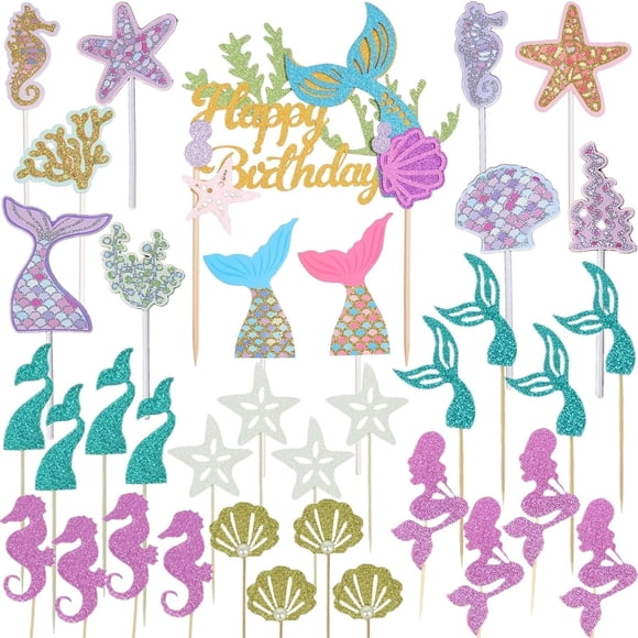 36 piezas de decoración para tartas con purpurina, diseño de sirena, de Wootkey, para decoración de fiestas
