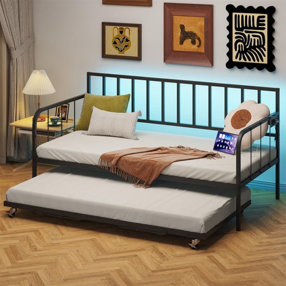 Spaco Twin Daybed with Trundle, Metal Trundle Bed, Sofa Bed Frame with Heavy Duty Metal Slats Sppports for Living Room, Bedroom and Guest Room, Black