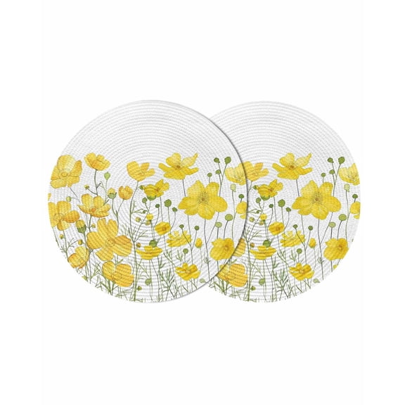 Yellow Daisy Round 13 Inch Placemats Set of 2, Spring Floral Summer Botanical Watercolor HeatResistant Non Slip Place Mats for Dining Table, Wipeable Braided Kitchen Table Mats for Housewarming