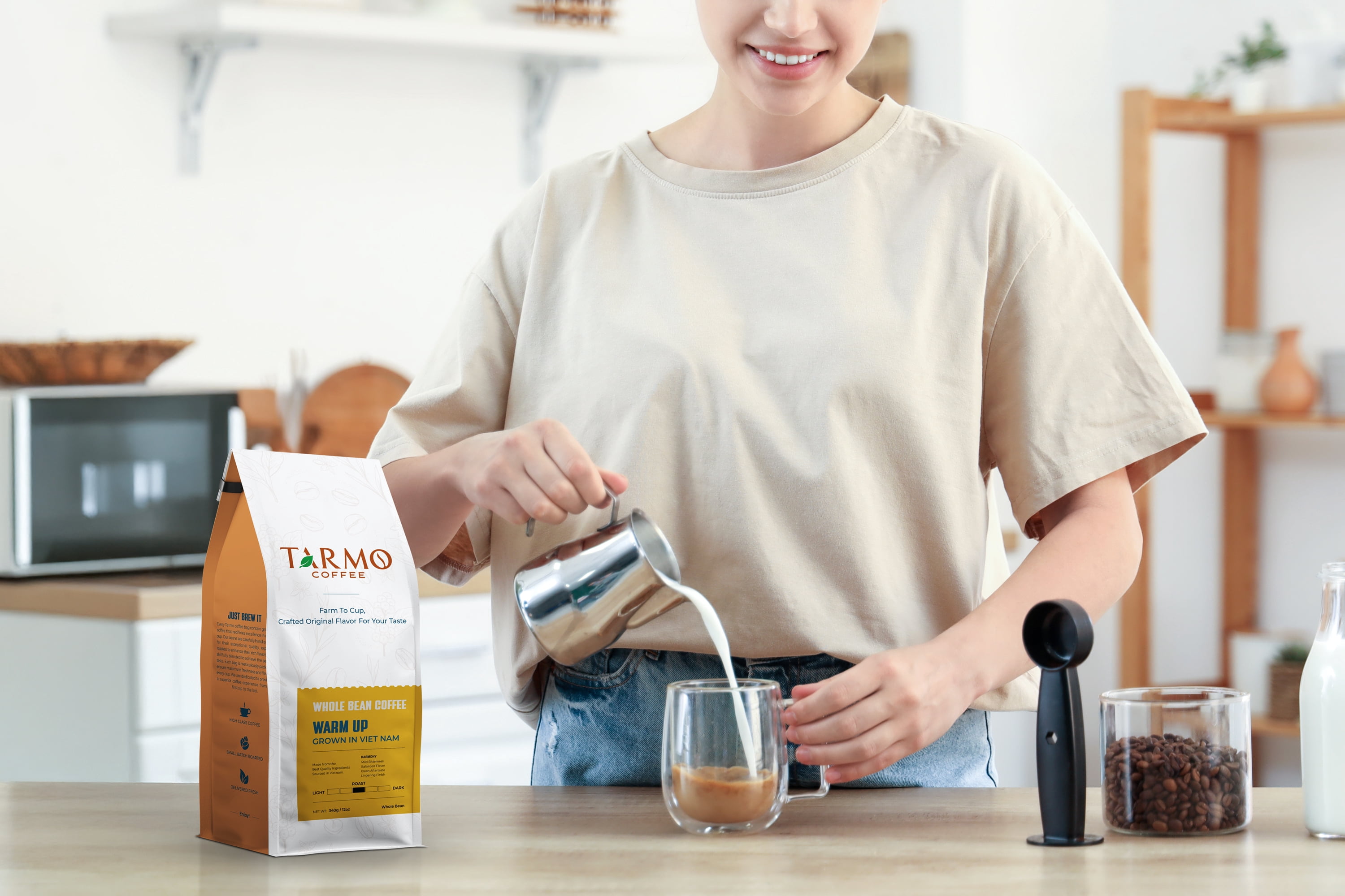 TARMO - WARM UP | Low Acid 100% ROBUSTA Whole Bean Coffee | Specialty Vietnamese Coffee | Single Origin Medium Roast Coffee Beans | 35.5 Oz Bag