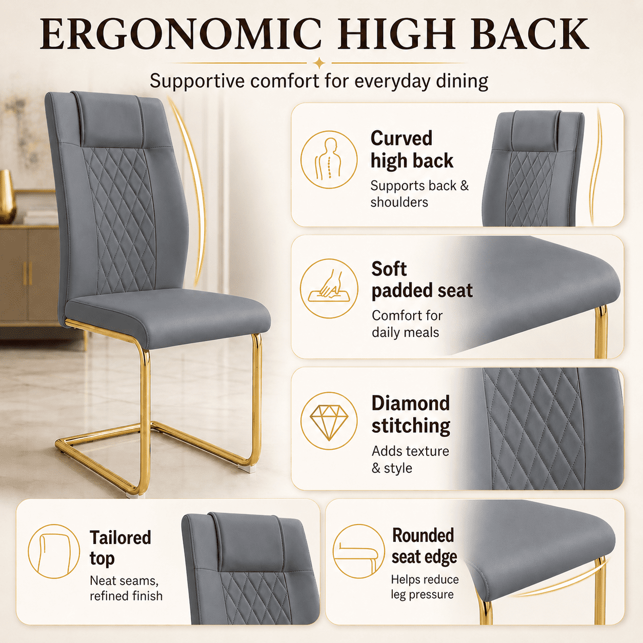 JUFU Set of 4 Gray Faux Leather Dining Chairs with Gold Legs, Modern High Back Armless Chairs for Kitchen or Dining Room