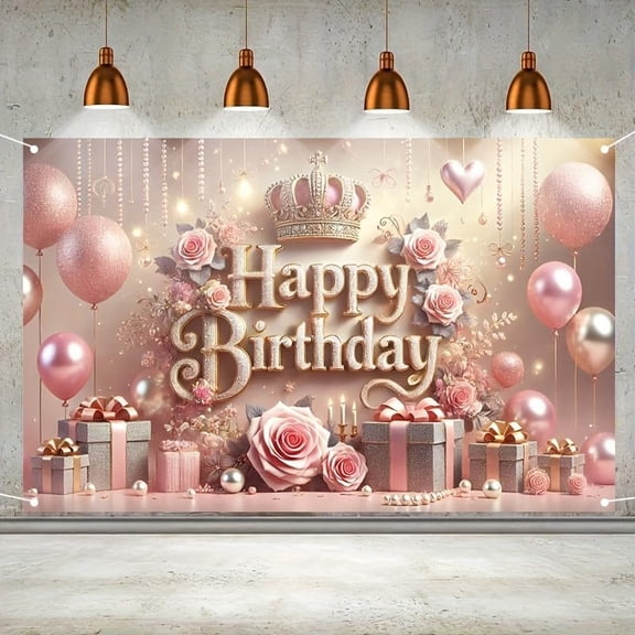 Royal Rose Themed Happy Birthday Backdrop Banner Elegant Party Decoration In Pink and Gold Birthday Banner Birthday Background